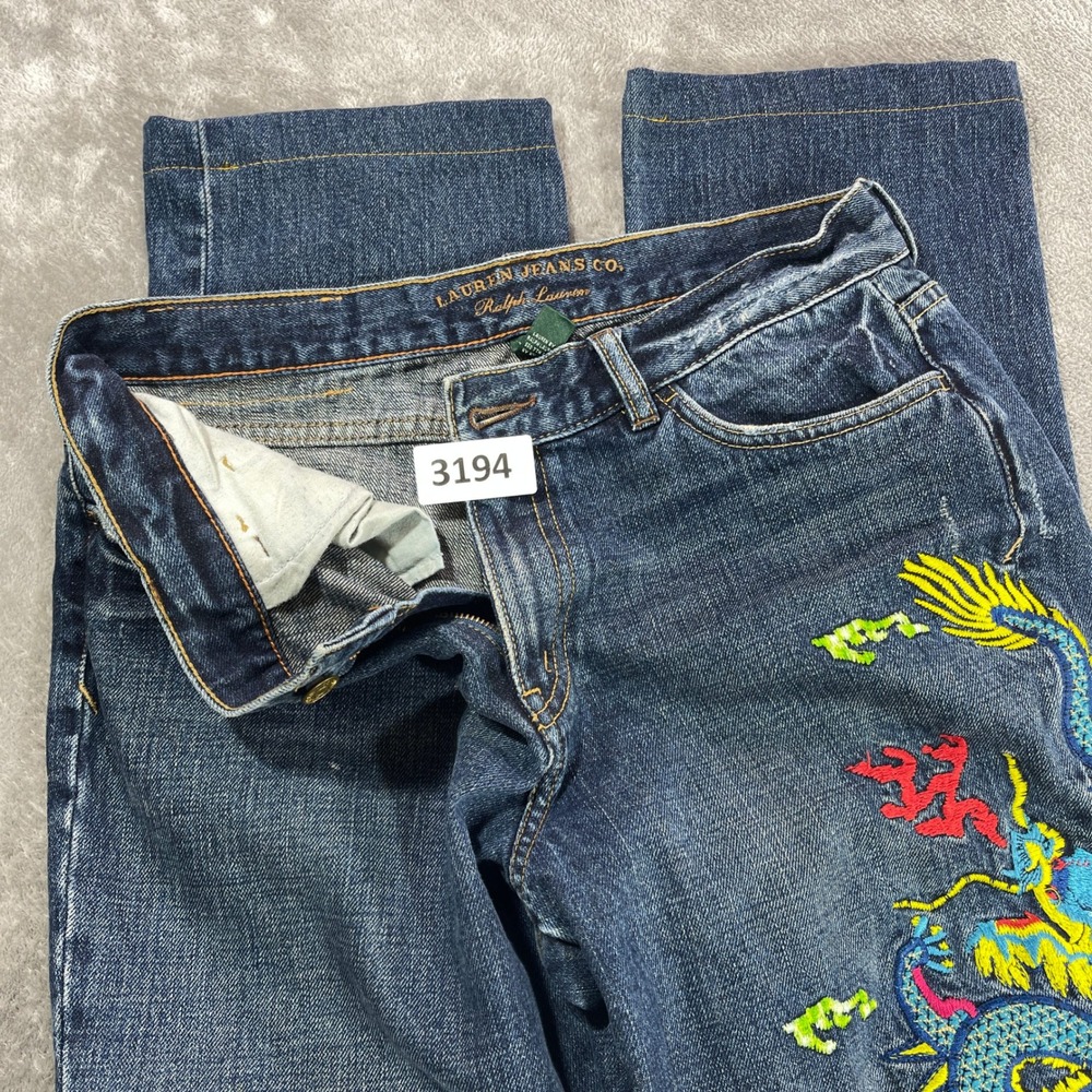 Lauren Ralph Lauren Jeans Women 6 Blue Dragon Embroidered Straight Leg Denim